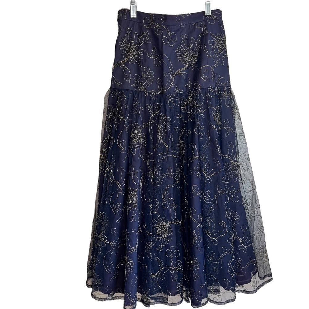 St. Gillian Navy Gold Embroidered Mesh Tiered Midi Skirt Size 6